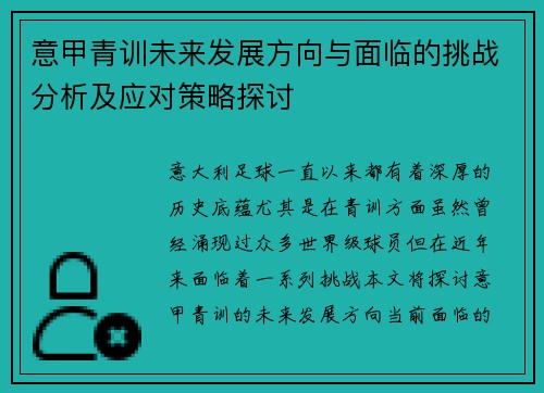 意甲青训未来发展方向与面临的挑战分析及应对策略探讨 意甲青训未来发展方向与面临的挑战分析及应对策略探讨