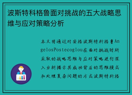 波斯特科格鲁面对挑战的五大战略思维与应对策略分析 波斯特科格鲁面对挑战的五大战略思维与应对策略分析