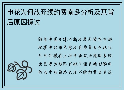 申花为何放弃续约费南多分析及其背后原因探讨