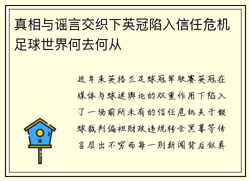 真相与谣言交织下英冠陷入信任危机足球世界何去何从 真相与谣言交织下英冠陷入信任危机足球世界何去何从